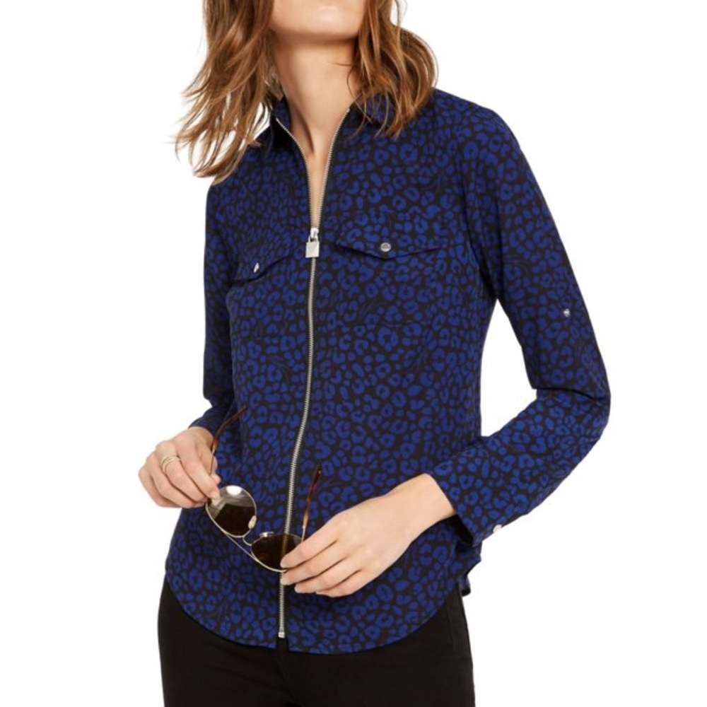 Michael Kors Blue Animal Print Utility Blouse  size XL - Picture 5 of 10